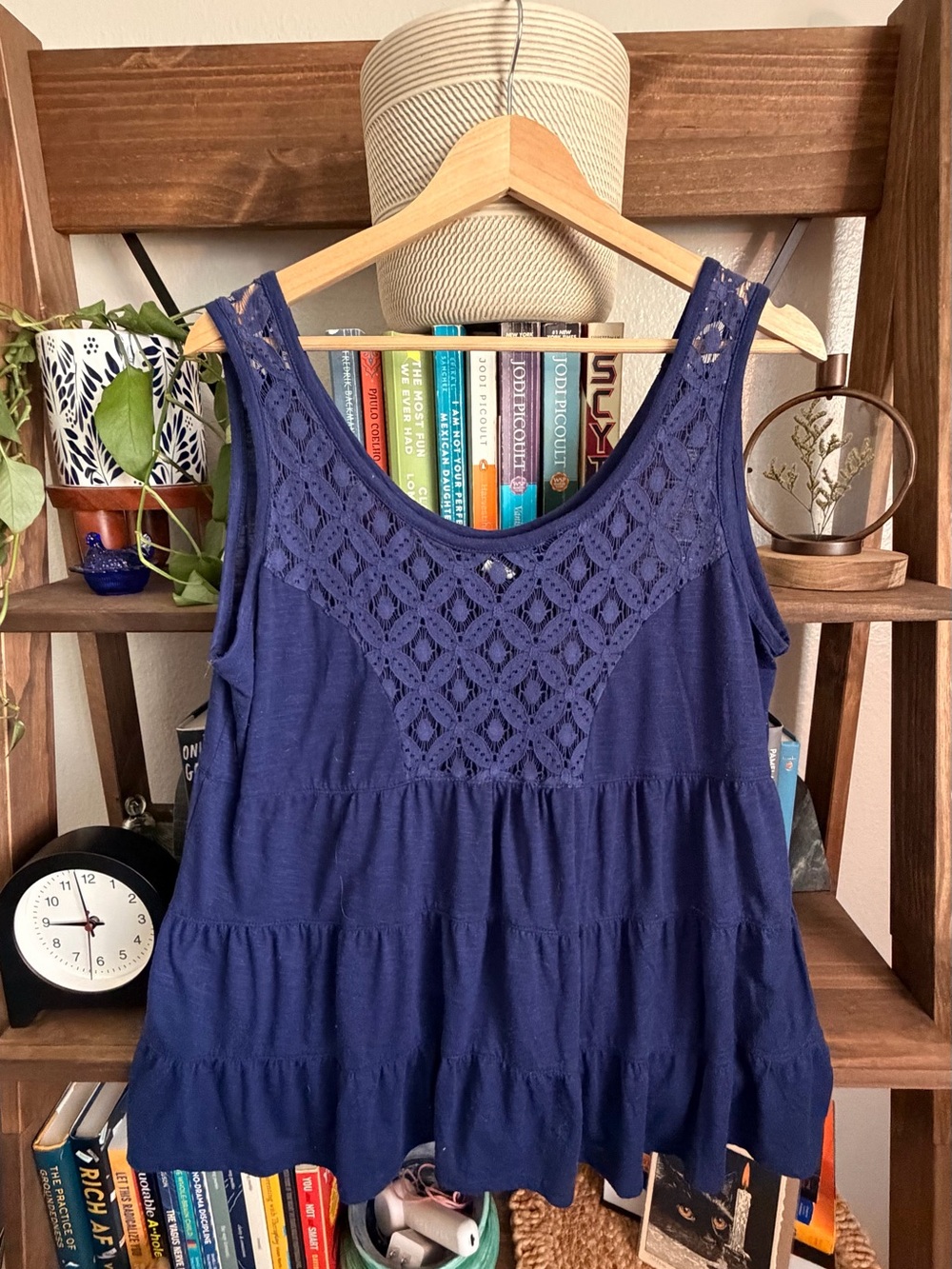 torrid navy crochet yoke tiered tank